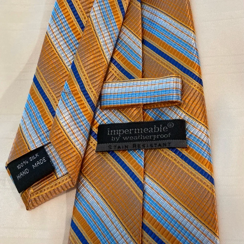 Impermeable by Weatherproof Orange & Blue Striped Boys Tie 100% Silk Handmade